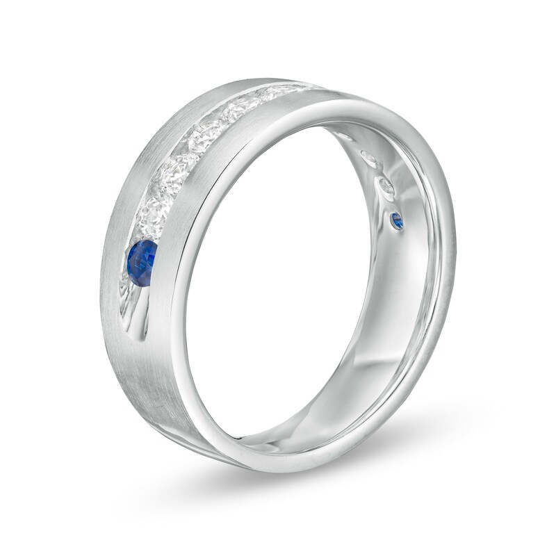 Main Image 3 of Vera Wang Men's 0.95 CT. T.W. Diamond and Blue Sapphire Wedding Band in 14K White Gold