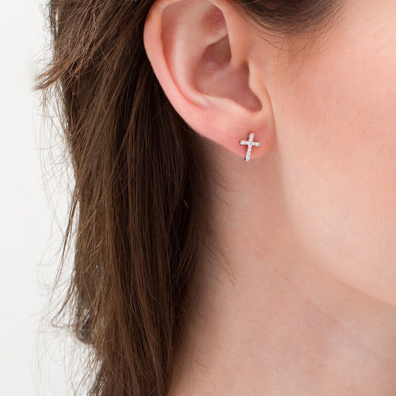 Main Image 2 of 0.10 CT. T.W. Diamond Cross Stud Earrings in Sterling Silver