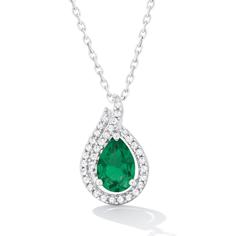Main Image 1 of Pear-Shaped Lab-Created Emerald and White Sapphire Open Flame Pendant in Sterling Silver