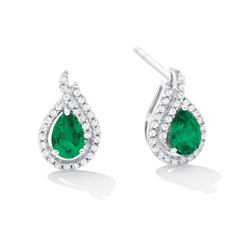 Main Image 1 of Pear-Shaped Lab-Created Emerald and White Sapphire Open Flame Stud Earrings in Sterling Silver