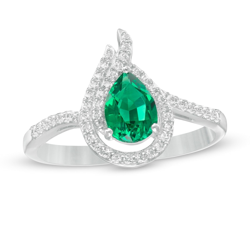 Pear-Shaped Lab-Created Emerald and White Sapphire Open Flame Ring in Sterling Silver