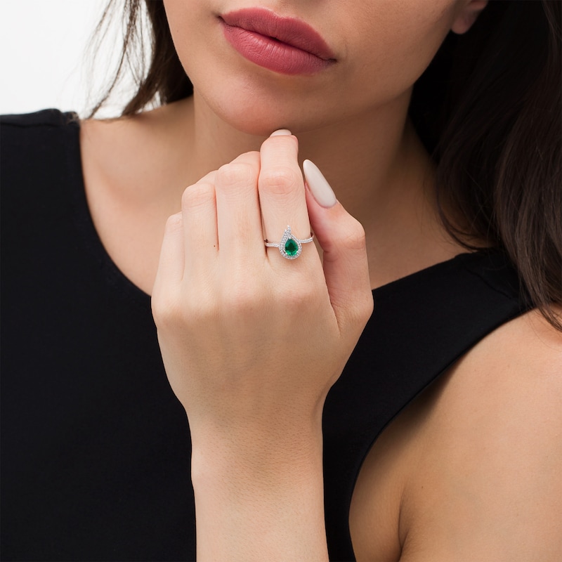 Pear-Shaped Lab-Created Emerald and White Sapphire Open Flame Ring in Sterling Silver