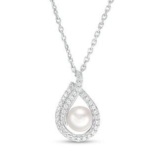 5.0mm Button Freshwater Cultured Pearl and Lab-Created White Sapphire Flame Pendant in Sterling Silver