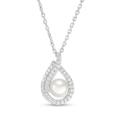 5.0mm Button Freshwater Cultured Pearl and Lab-Created White Sapphire Flame Pendant in Sterling Silver