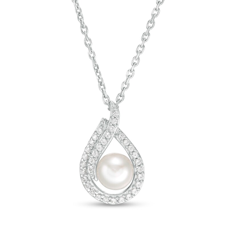 Main Image 1 of 5.0mm Button Freshwater Cultured Pearl and Lab-Created White Sapphire Flame Pendant in Sterling Silver