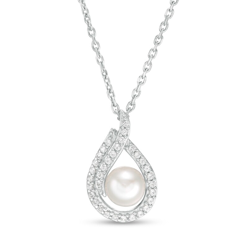 5.0mm Button Cultured Freshwater Pearl and Lab-Created White Sapphire Flame Pendant in Sterling Silver