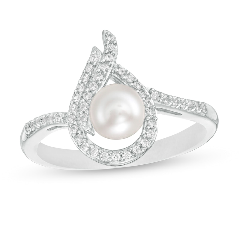 5.0mm Button Cultured Freshwater Pearl and Lab-Created White Sapphire Flame Ring in Sterling Silver
