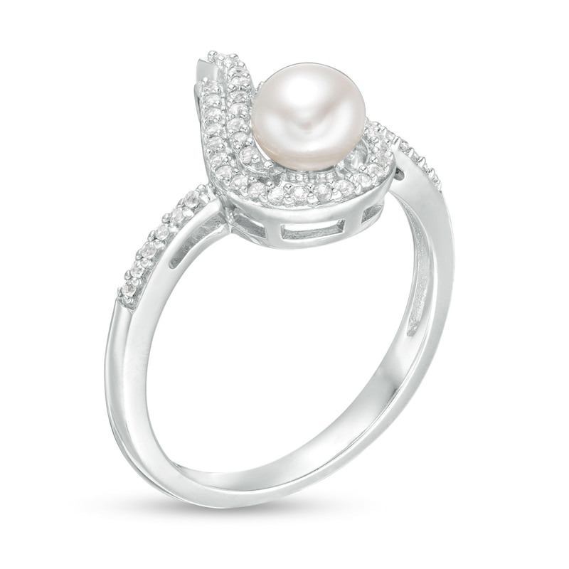 5.0mm Button Cultured Freshwater Pearl and Lab-Created White Sapphire Flame Ring in Sterling Silver