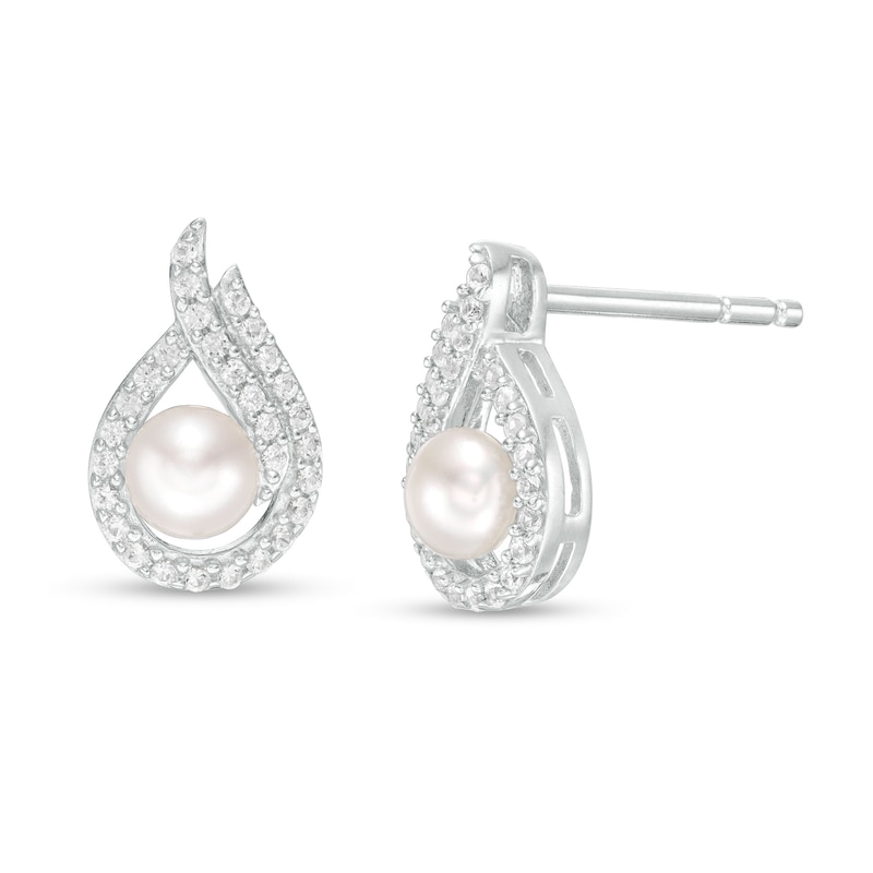 4.0mm Button Cultured Freshwater Pearl and Lab-Created White Sapphire Flame Stud Earrings in Sterling Silver