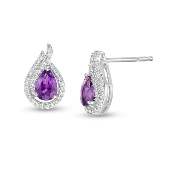 Pear-Shaped Amethyst and Lab-Created White Sapphire Flame Stud Earrings in Sterling Silver