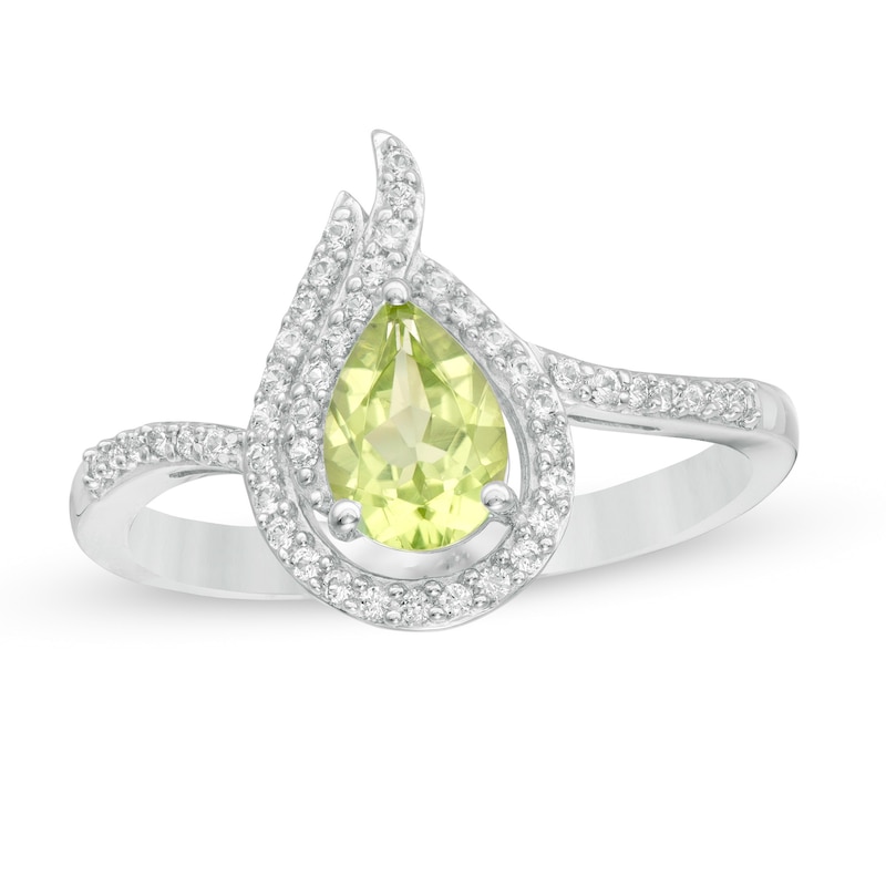 Main Image 1 of Pear-Shaped Peridot and Lab-Created White Sapphire Flame Ring in Sterling Silver