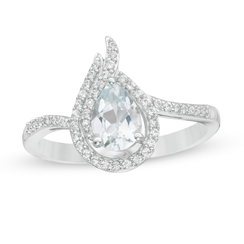 Pear-Shaped Aquamarine and Lab-Created White Sapphire Flame Ring in Sterling Silver