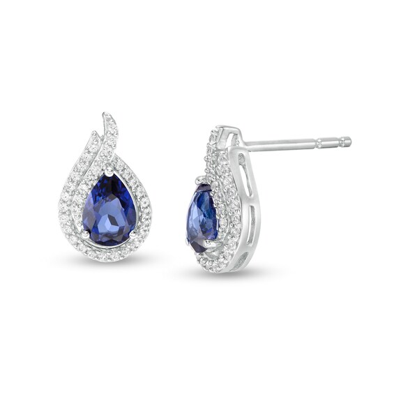 Pear-Shaped Lab-Created Blue and White Sapphire Flame Stud Earrings in Sterling Silver