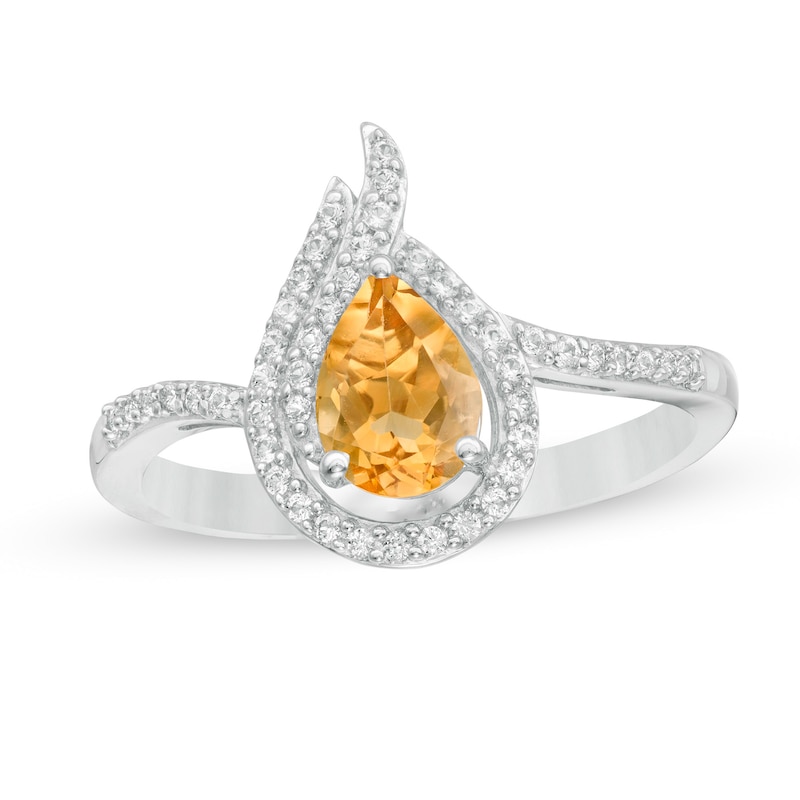 Pear-Shaped Citrine and Lab-Created White Sapphire Flame Ring in Sterling Silver