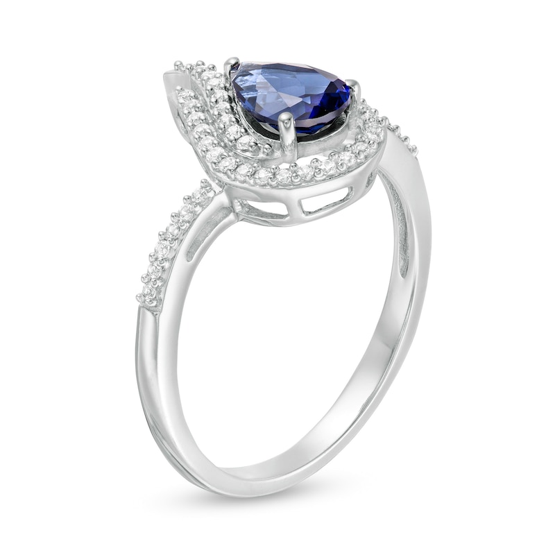 Pear-Shaped Lab-Created Blue and White Sapphire Flame Ring in Sterling Silver