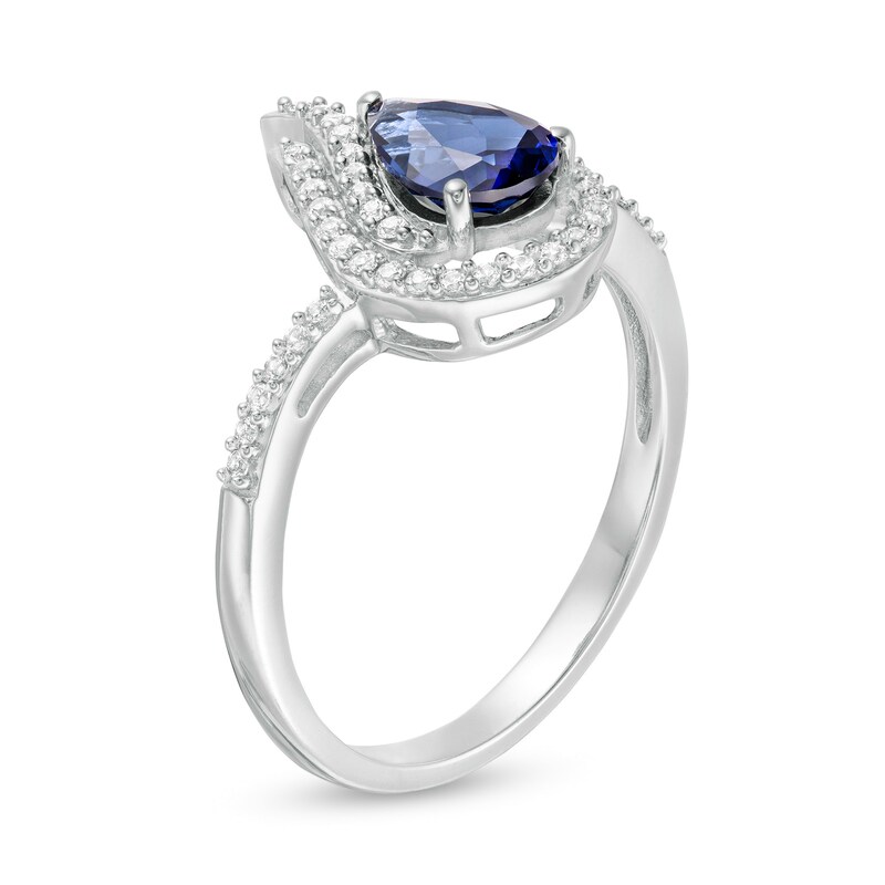 Main Image 3 of Pear-Shaped Lab-Created Blue and White Sapphire Flame Ring in Sterling Silver