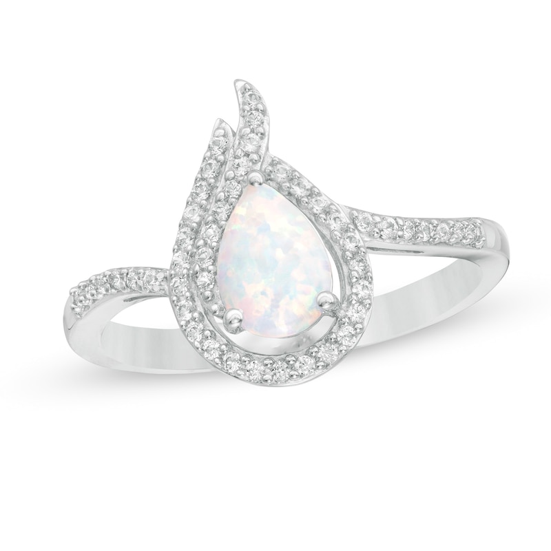 Main Image 1 of Pear-Shaped Lab-Created Opal and White Sapphire Flame Ring in Sterling Silver