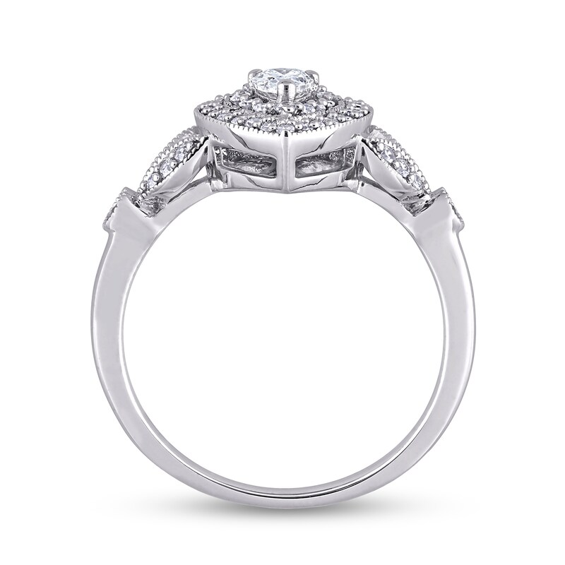 Main Image 4 of 0.50 CT. T.W. Pear-Shaped Diamond Double Frame Leaf-Sides Vintage-Style Engagement Ring in 10K White Gold