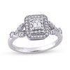 Thumbnail Image 1 of 0.47 CT. T.W. Emerald-Cut Diamond Double Frame Leaf-Sides Vintage-Style Engagement Ring in 10K White Gold
