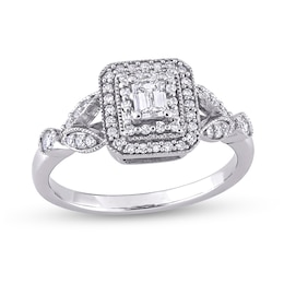 0.47 CT. T.W. Emerald-Cut Diamond Double Frame Leaf-Sides Vintage-Style Engagement Ring in 10K White Gold