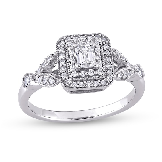 0.47 CT. T.W. Emerald-Cut Diamond Double Frame Leaf-Sides Vintage-Style Engagement Ring in 10K White Gold