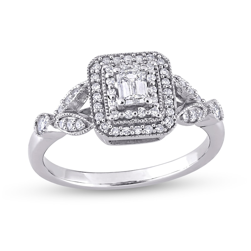 0.47 CT. T.W. Emerald-Cut Diamond Double Frame Leaf-Sides Vintage-Style Engagement Ring in 10K White Gold
