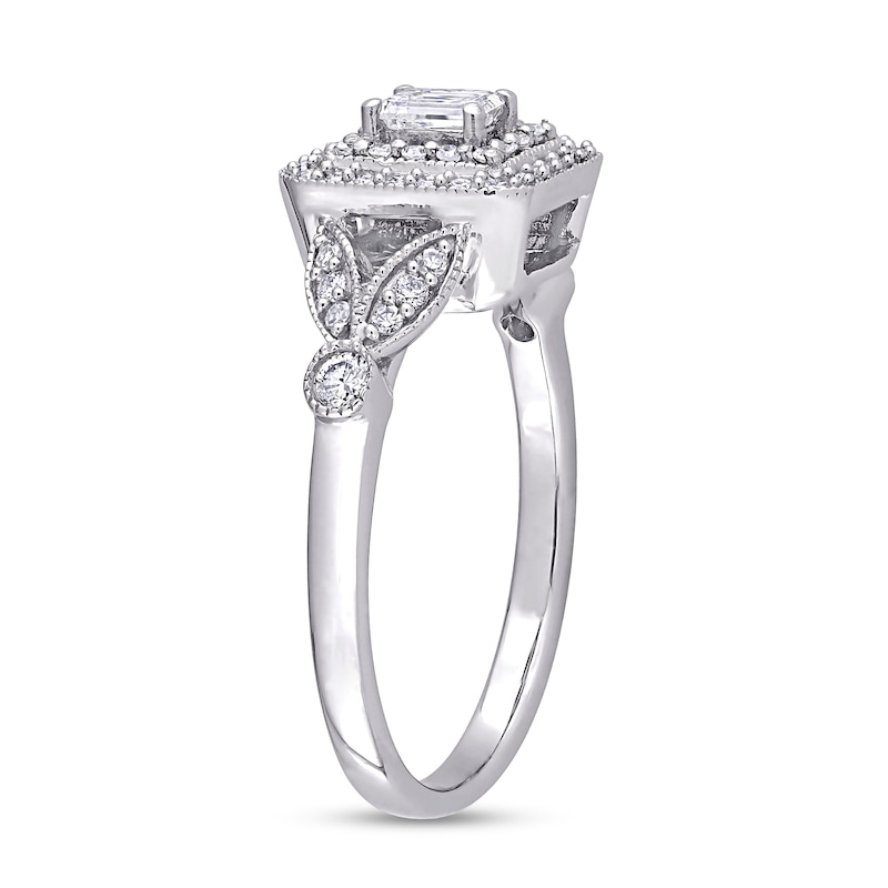 Main Image 3 of 0.47 CT. T.W. Emerald-Cut Diamond Double Frame Leaf-Sides Vintage-Style Engagement Ring in 10K White Gold