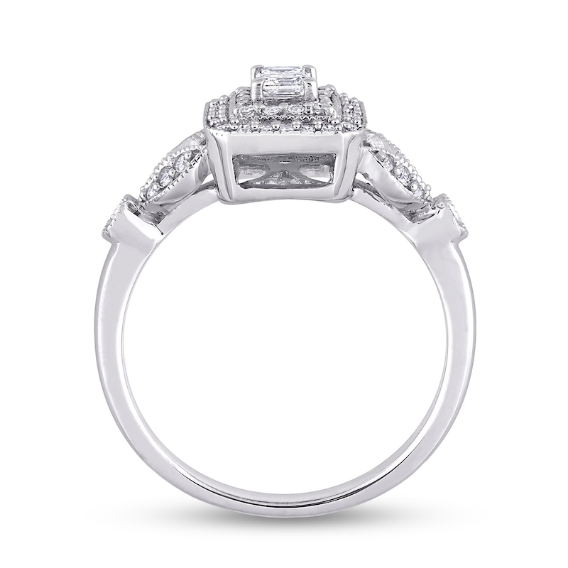Main Image 4 of 0.47 CT. T.W. Emerald-Cut Diamond Double Frame Leaf-Sides Vintage-Style Engagement Ring in 10K White Gold