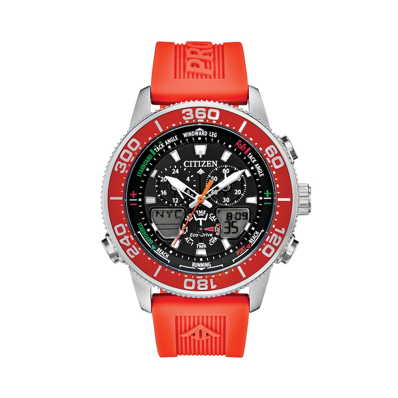 Men's Citizen Eco-Drive® Promaster Sailhawk Chronograph Strap Watch with Black and Orange Dial (Model: JR4061-00F)