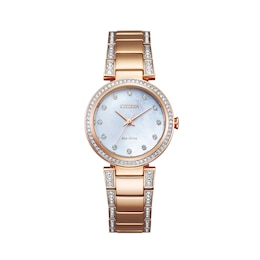 Ladies' Citizen Eco-Drive® Crystal Accent Rose-Tone Watch with Mother-of-Pearl Dial (Model: EM0843-51D)