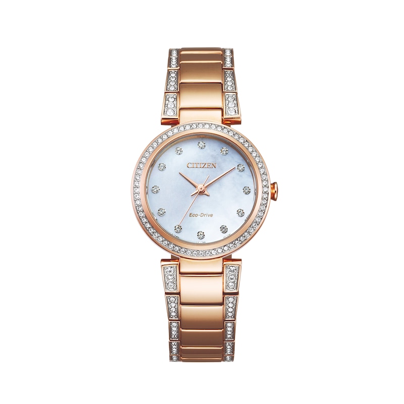 Ladies' Citizen Eco-Drive® Crystal Accent Rose-Tone Watch with Mother-of-Pearl Dial (Model: EM0843-51D)