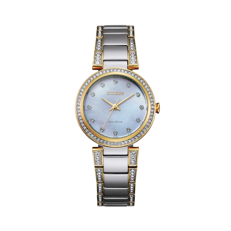 Main Image 1 of Ladies' Citizen Eco-Drive® Crystal Accent Two-Tone Watch with Mother-of-Pearl Dial (Model: EM0844-58D)