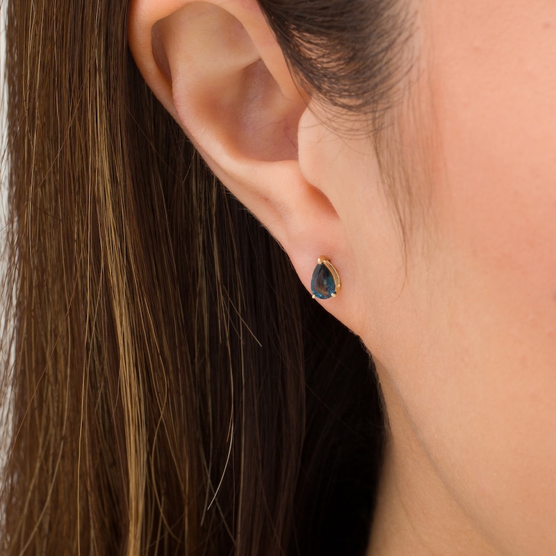 Main Image 2 of Pear-Shaped Blue Sapphire Solitaire Stud Earrings in 14K Gold