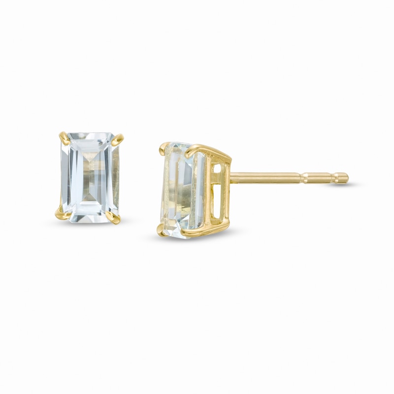Main Image 1 of Emerald-Cut Aquamarine Solitaire Stud Earrings in 14K Gold