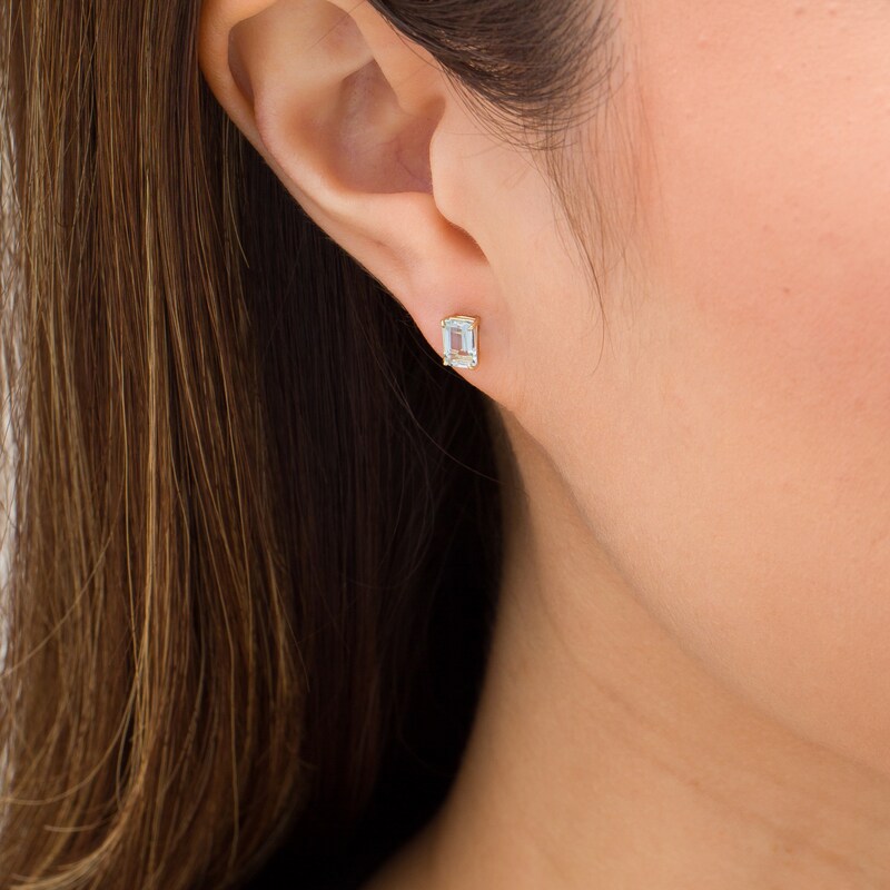 Main Image 2 of Emerald-Cut Aquamarine Solitaire Stud Earrings in 14K Gold
