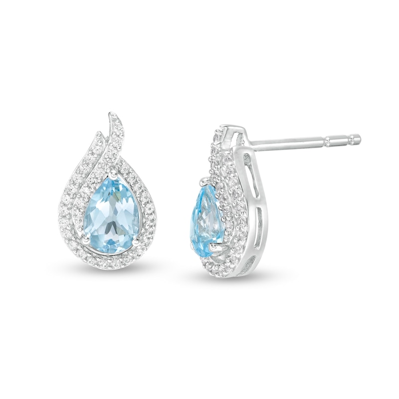 Pear-Shaped Swiss Blue Topaz and Lab-Created White Sapphire Flame Stud Earrings in Sterling Silver