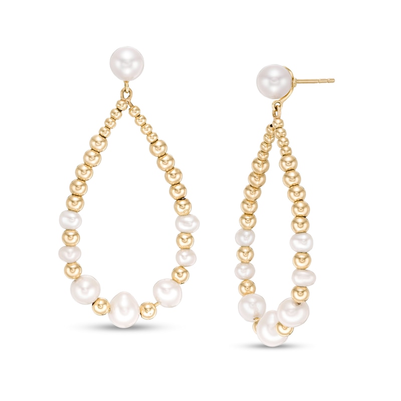 3.5-6.0mm Cultured Freshwater Pearl and Gold Bead Graduated Open Teardrop Earrings in 10K Gold