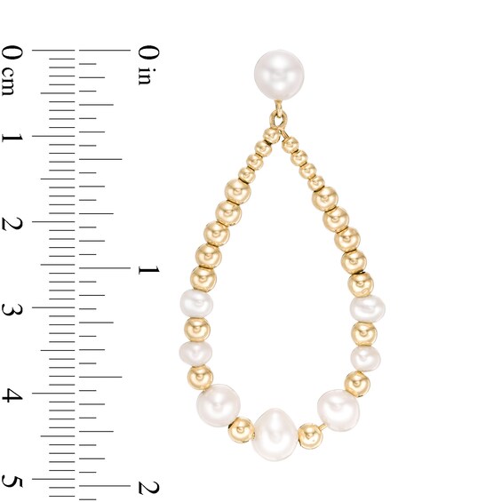 3.5-6.0mm Freshwater Cultured Pearl and Gold Bead Graduated Open Teardrop Earrings in 10K Gold