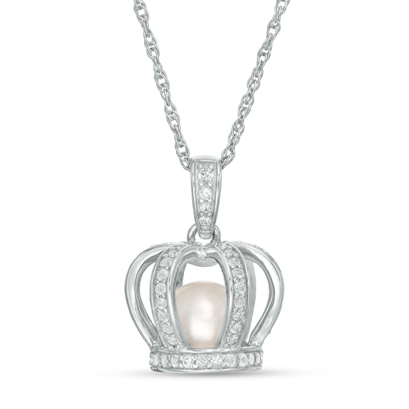 6.5-7.0mm Cultured Freshwater Pearl and Lab-Created White Sapphire Crown Cage Pendant in Sterling Silver