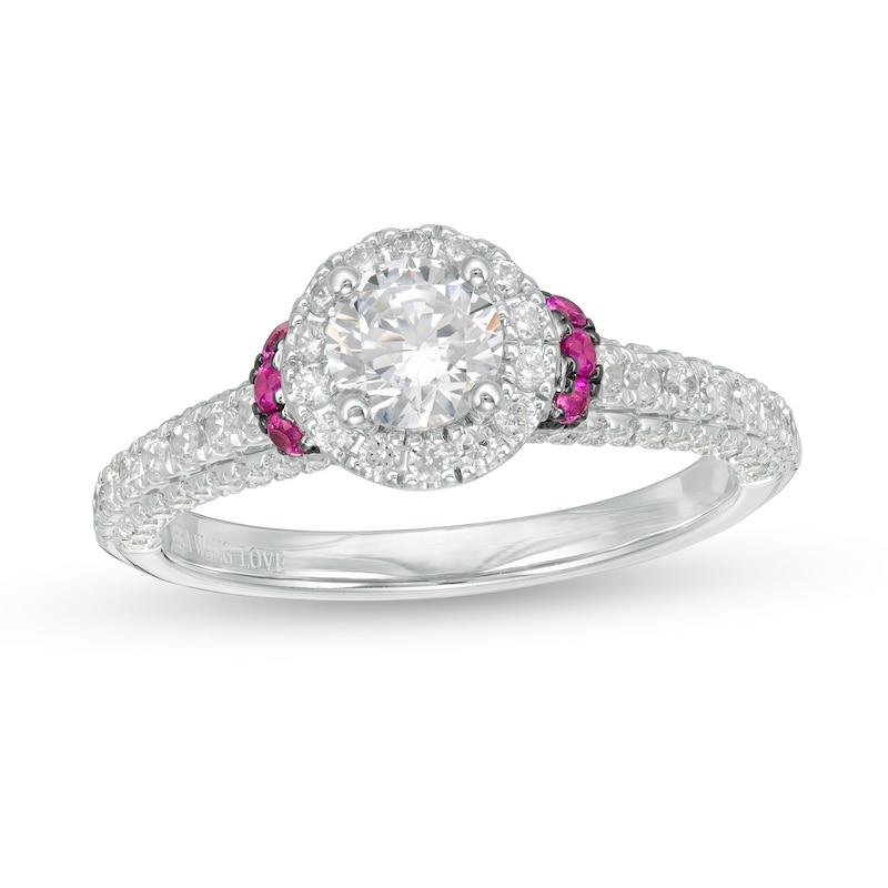 Main Image 1 of Vera Wang Love Collection 0.95 CT. T.W. Diamond and Pink Sapphire Collar Engagement Ring in 14K White Gold