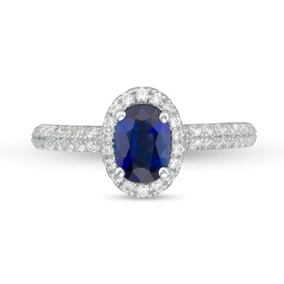 Vera Wang Love Collection Certified Oval Blue Sapphire and 0.37 CT. T.W. Diamond Frame Engagement Ring in 14K White Gold