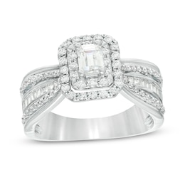 0.95 CT. T.W. Certified Canadian Emerald-Cut Diamond Double Frame Multi-Row Engagement Ring in 14K White Gold (I/SI2)