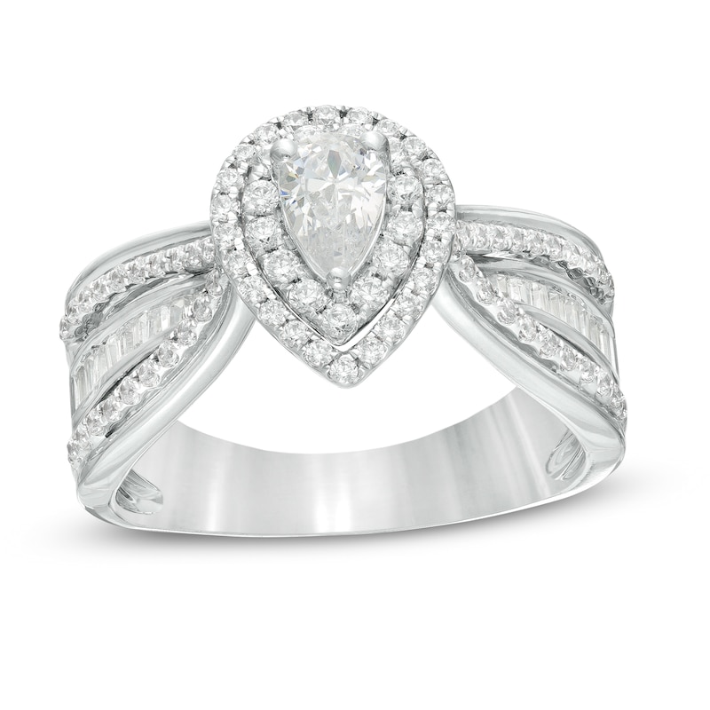 0.95 CT. T.W. Certified Canadian Pear-Shaped Diamond Double Frame Multi-Row Engagement Ring in 14K White Gold (I/SI2)|Peoples Jewellers