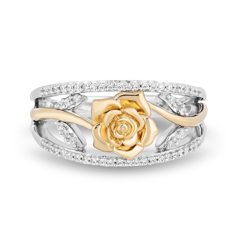 Enchanted Disney Belle 0.18 CT. T.W. Diamond Rose Open Shank Ring in Sterling Silver and 10K Gold