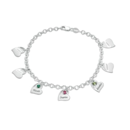 Mother's Birthstone Engravable Script Tilted Heart Charm Bracelet (1-7 Stones and Names)