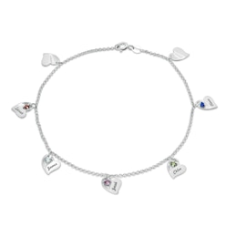 Mother's Birthstone Engravable Script Tilted Heart Charm Anklet in Sterling Silver (1-7 Stones and Names)