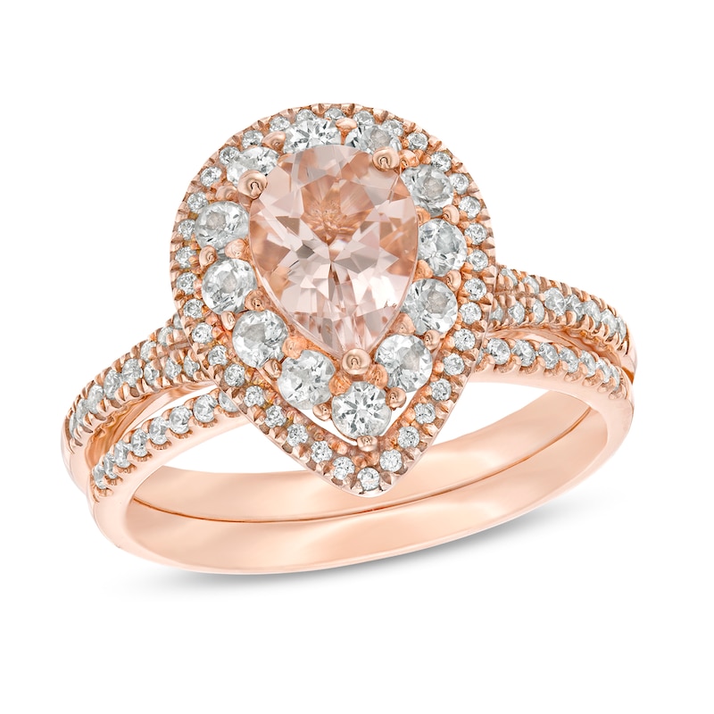 Main Image 1 of Pear-Shaped Morganite and 0.69 CT. T.W. Diamond Double Frame Bridal Set in 14K Rose Gold