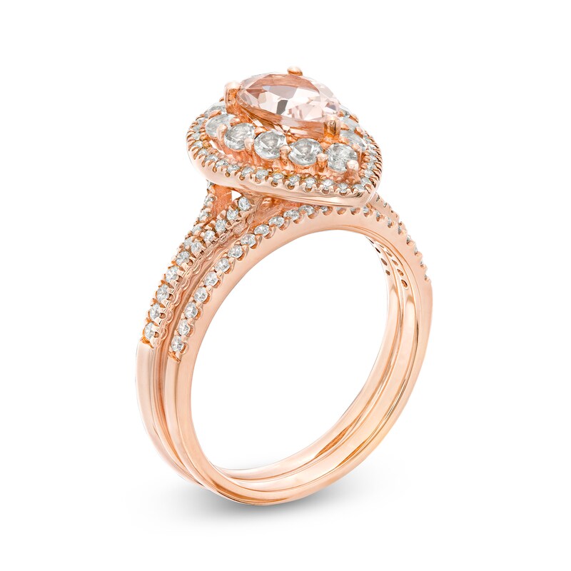 Main Image 3 of Pear-Shaped Morganite and 0.69 CT. T.W. Diamond Double Frame Bridal Set in 14K Rose Gold