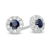 Thumbnail Image 0 of Vera Wang Love Collection 3.0mm Blue Sapphire and 0.146 CT. T.W. Diamond Frame Stud Earrings in Sterling Silver