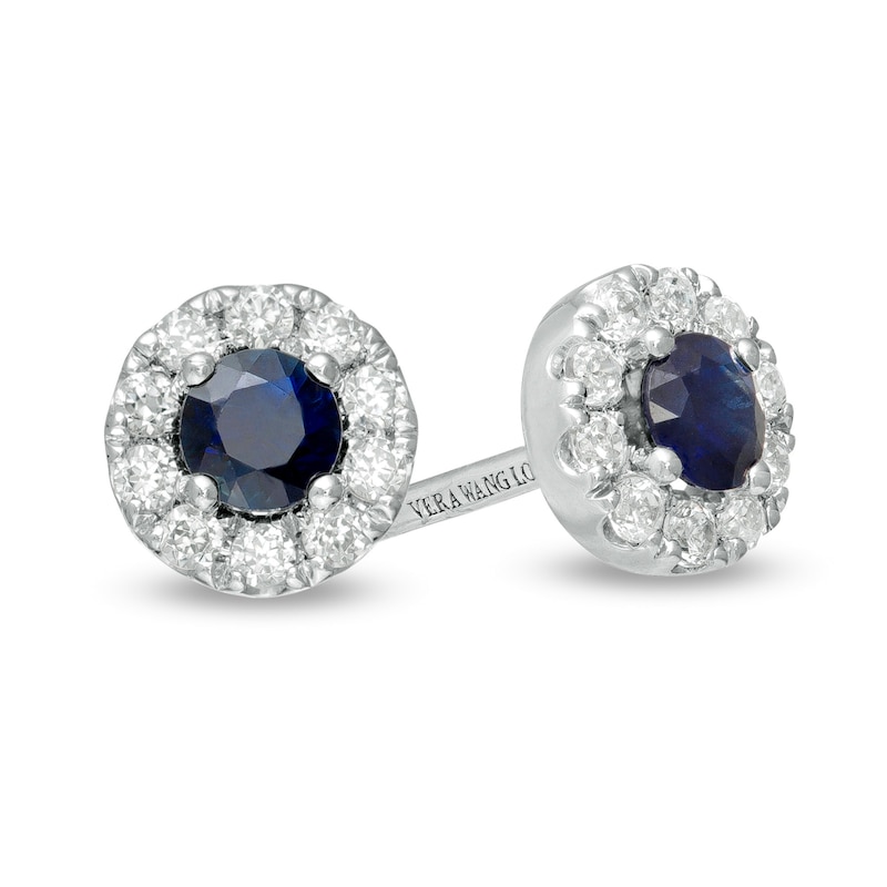 Main Image 1 of Vera Wang Love Collection 3.0mm Blue Sapphire and 0.146 CT. T.W. Diamond Frame Stud Earrings in Sterling Silver